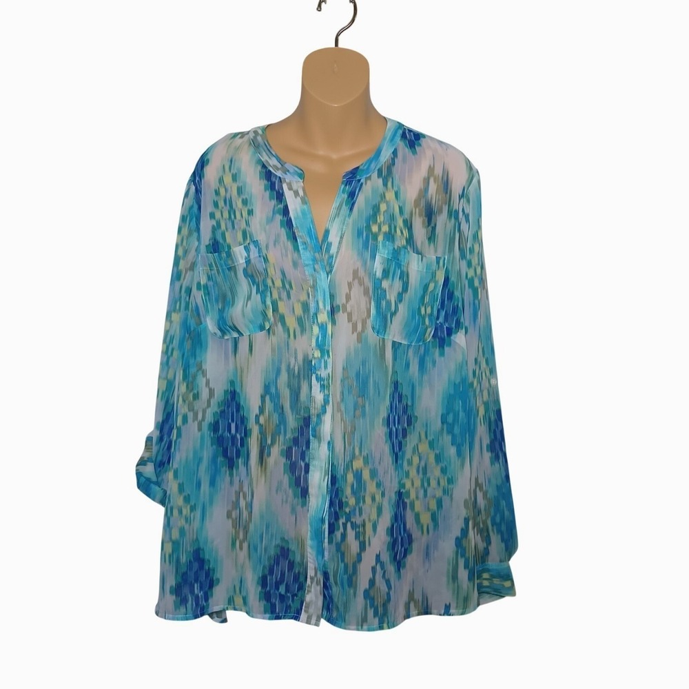 Simply Emma Button Up Sheer Teal, Blue, Yellow, White Blouse Coastal Beach Flowy